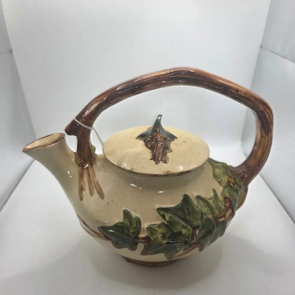 McCoy Pottery Ivy Teapot 1940s Raised Green Leaves Branch Handle w/ Lid